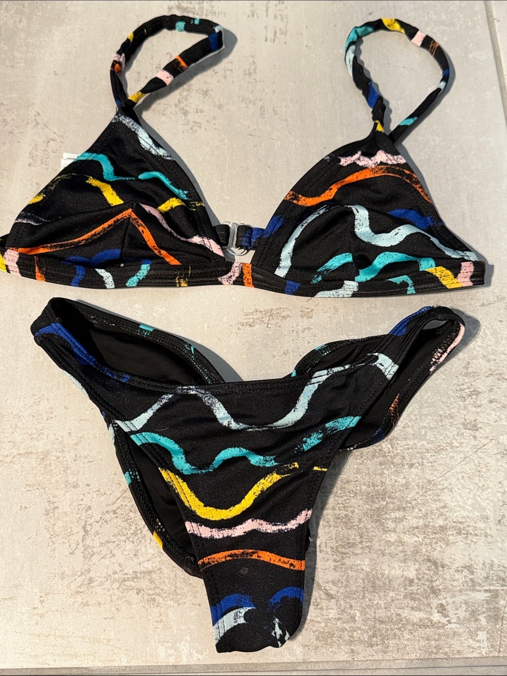 American Apparel Swim Black Multicolor Wave Print Triangle Bikini Set